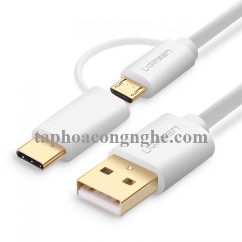 Ugreen 30170 0.5M màu trắng Cáp USB-A sang Micro USB + USB-C cao cấp US142 30030170